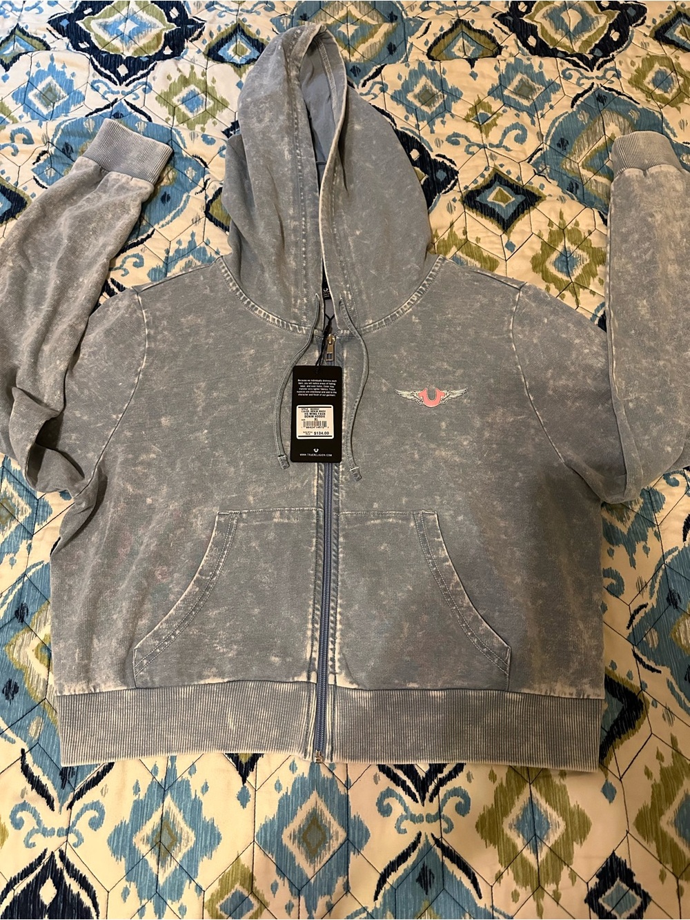 True Religion Light Blue Acid Wash Hoodie with Pink Logo. Size XL NWT - Picture 7 of 10